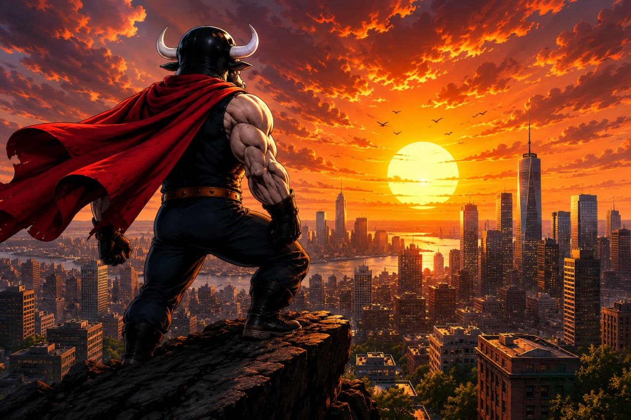 The bull overlooking the city at sunrise